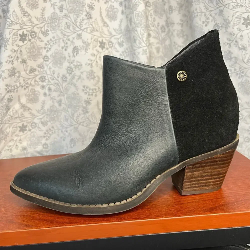 Yellow Box Dannika Black Leather Suede Booties Size 7M Western Ankle Boots